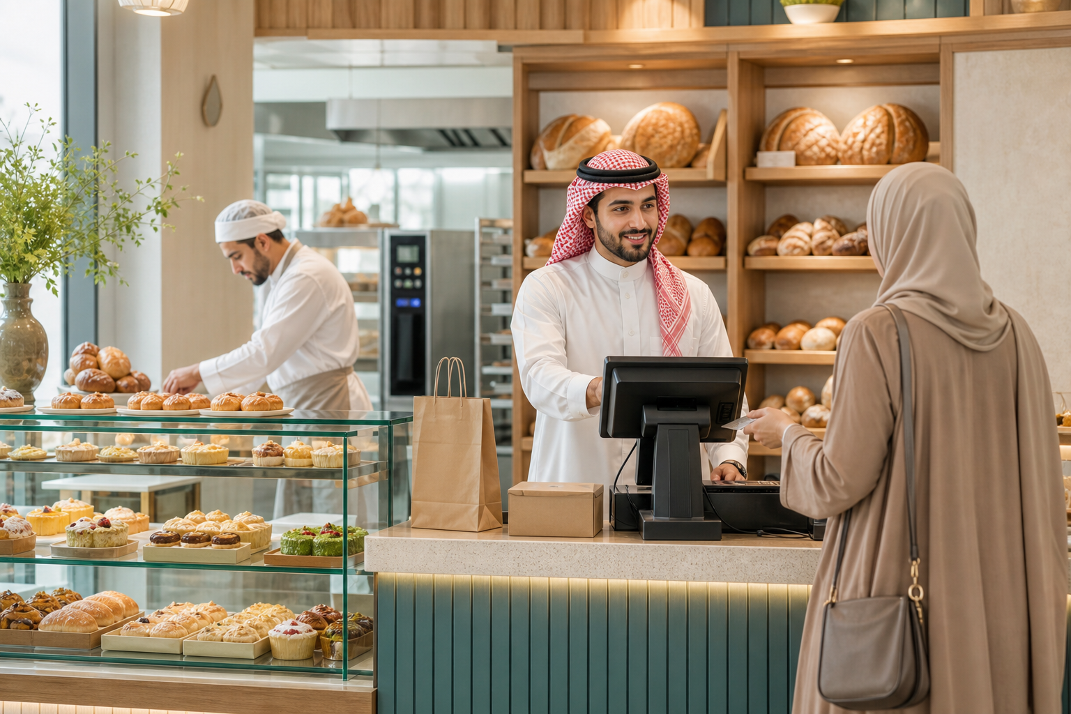 مخبز سعودي عصري يعرض الخبز والحلويات مع منطقة إنتاج مرتبة