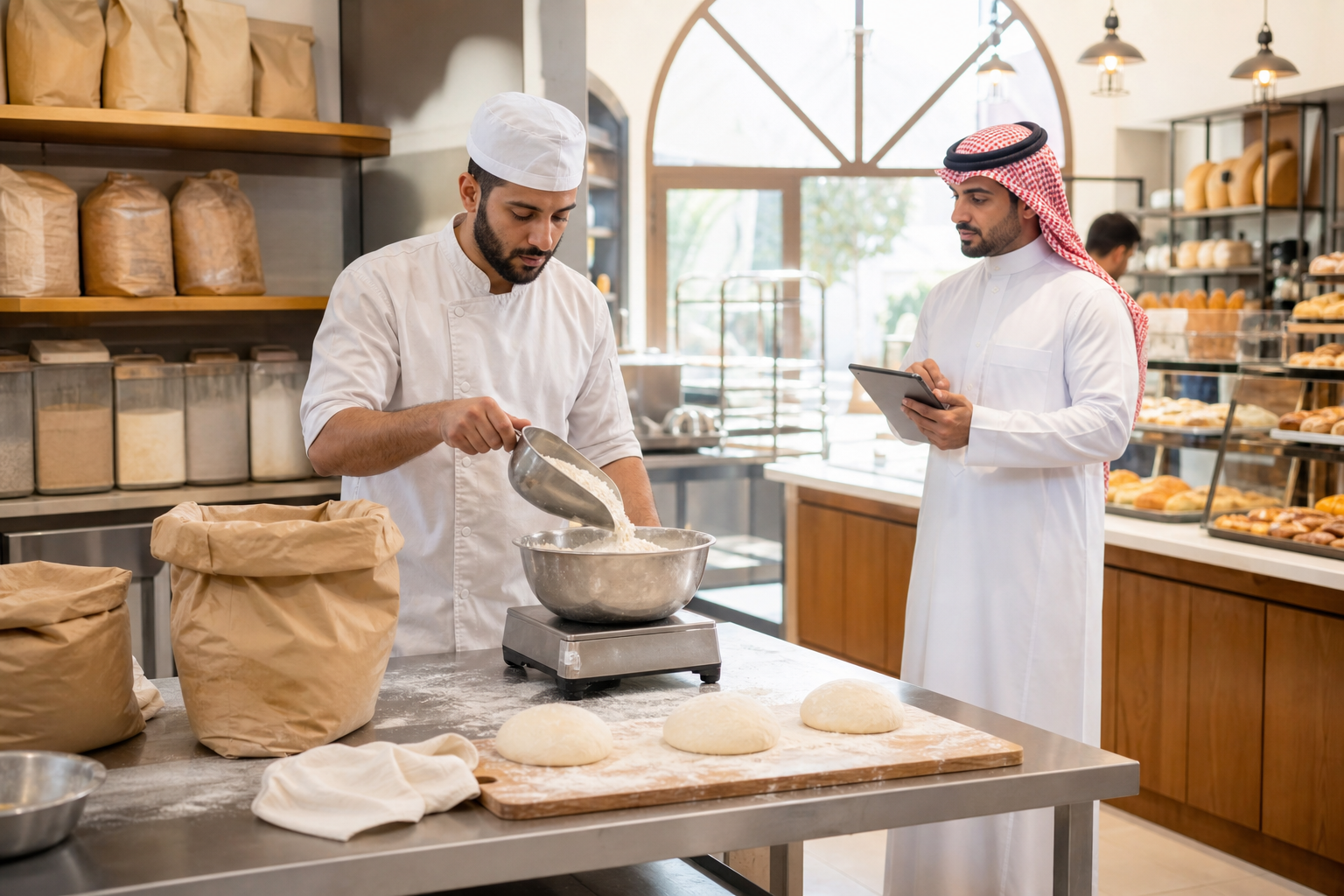 خباز يراجع المواد الخام والمنتجات الجاهزة ضمن دورة إنتاج منظمة