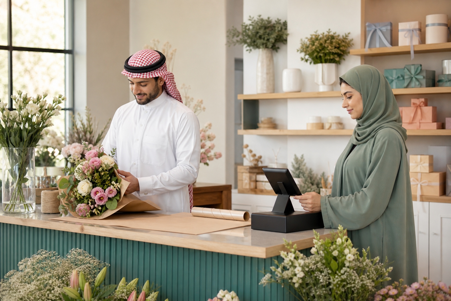 متجر ورد وهدايا سعودي أنيق مع باقات وصناديق مرتبة ومنطقة خدمة