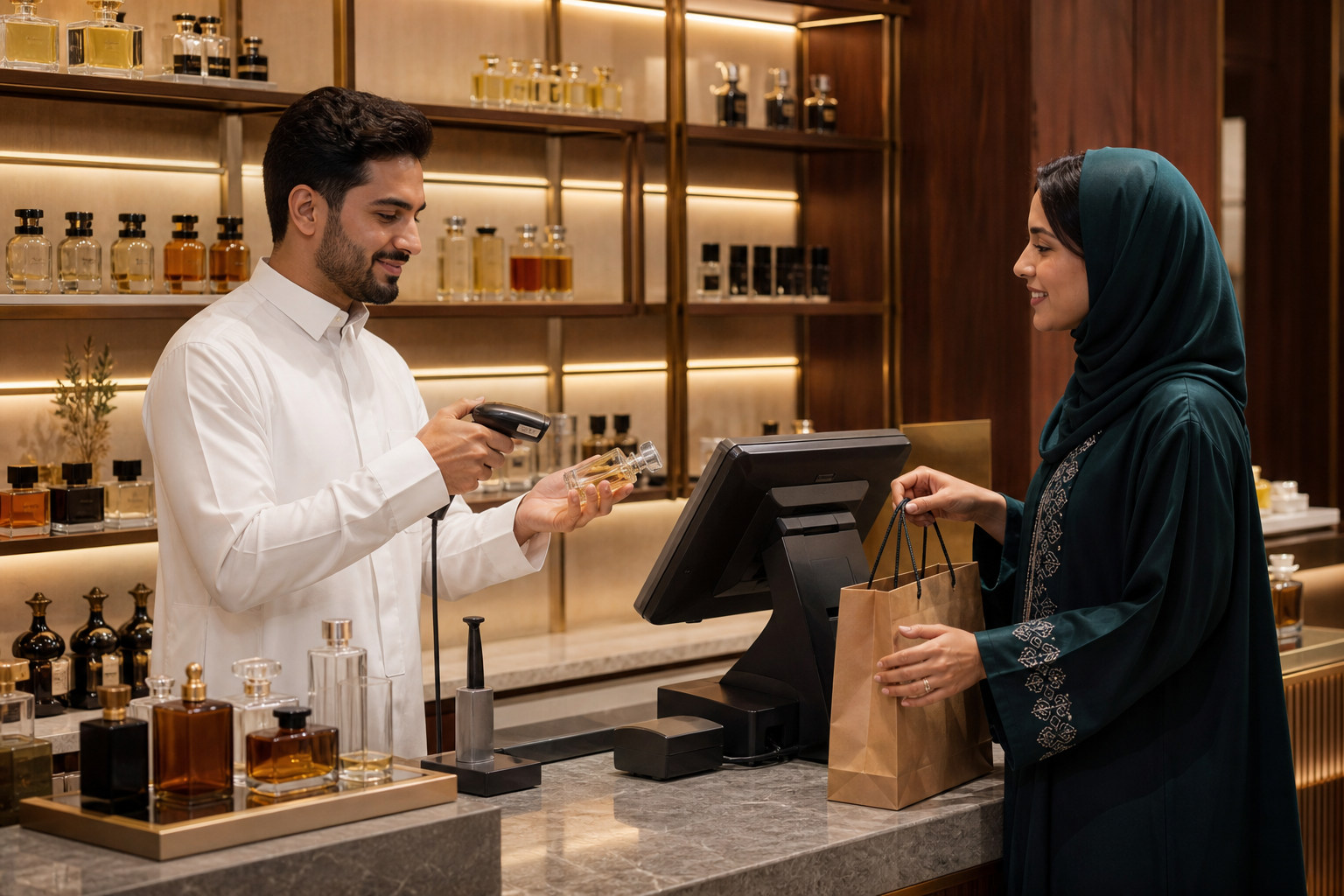 موظف متجر عطور يرتب المنتجات ويراجع بيانات البيع والمخزون